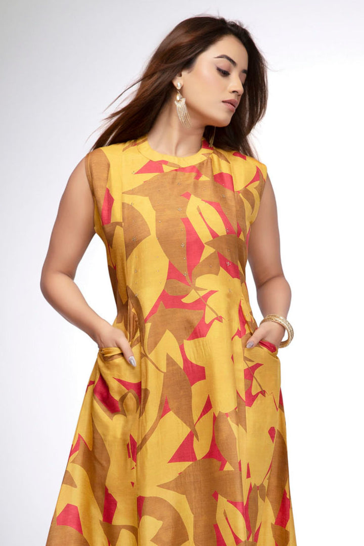 Mustard Stone work with Abstract Print A-Line Cut Calf Length Kurti