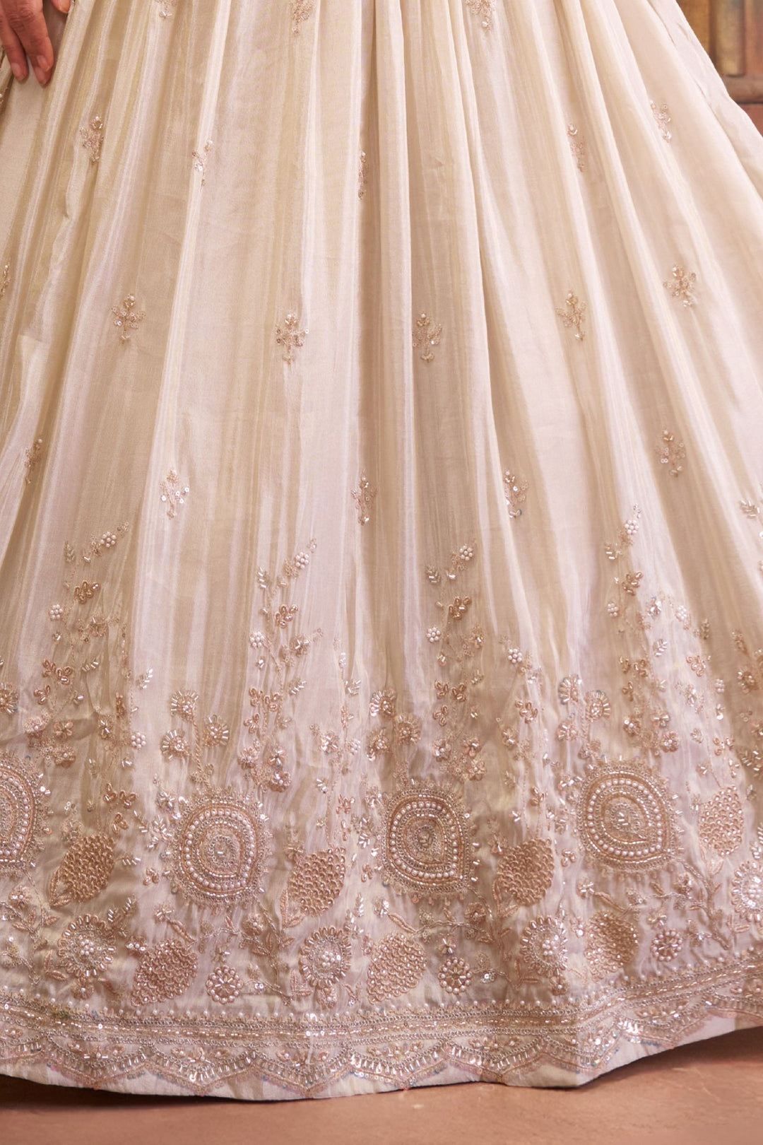 Cream Beads, Pearl and Sequins work Peplum Style Lehenga