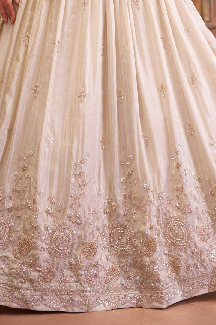 Cream Beads, Pearl and Sequins work Peplum Style Lehenga