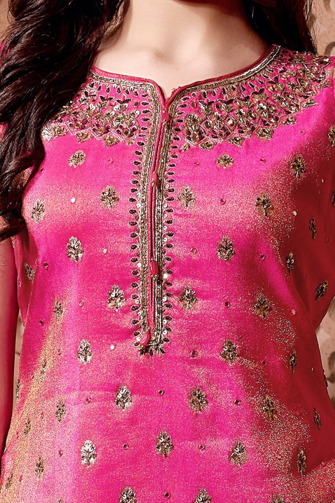Rani Pink Beads, Mirror, Sequins, Banaras Zari and Thread work Palazzo Suit Set for Girls