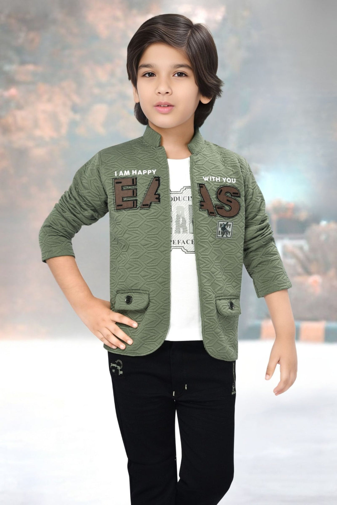 Green with White Printed Blazer, T-Shirt and Black Pant Set for Boys with Belt