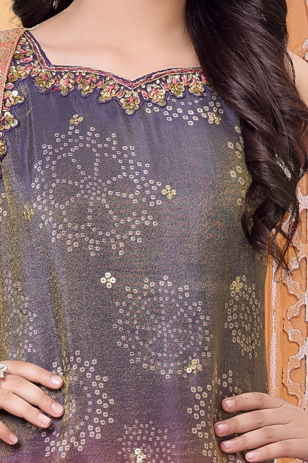 Blue with Pink Sequins and Banaras Zari work with Bandini Print  Palazzo Suit Set for Girls