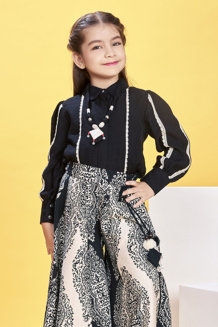 Black with Cream Digital Print Top and Palazzo Set for Girls