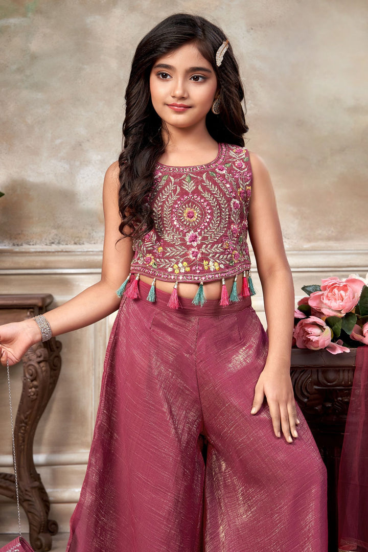 Magenta Zari, Multicolor Embroidery and Beads work Choli and Palazzo Set for Girls