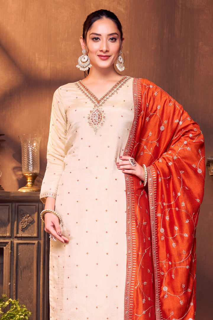 Cream Zardozi, Mirror, Beads, Sequins and Thread work Straight Cut Salwar Suit