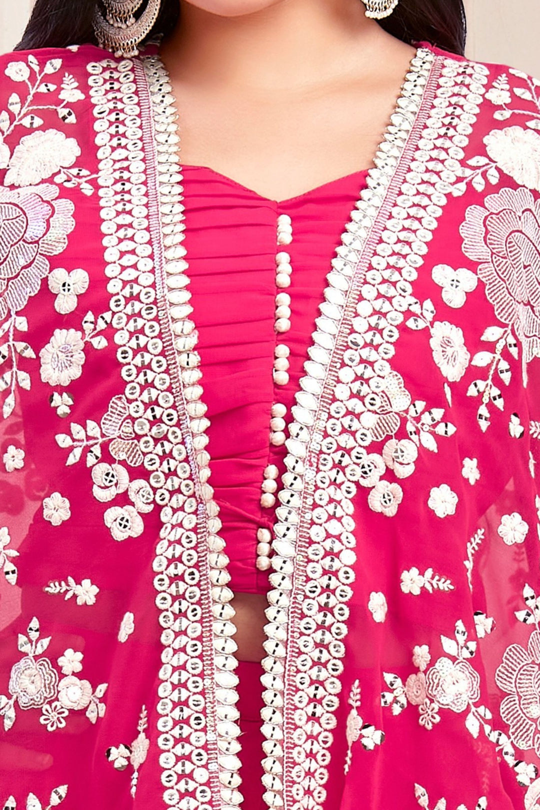 Rani Pink Embroidery and Sequins work Shrug with Palazzo Set for Girls