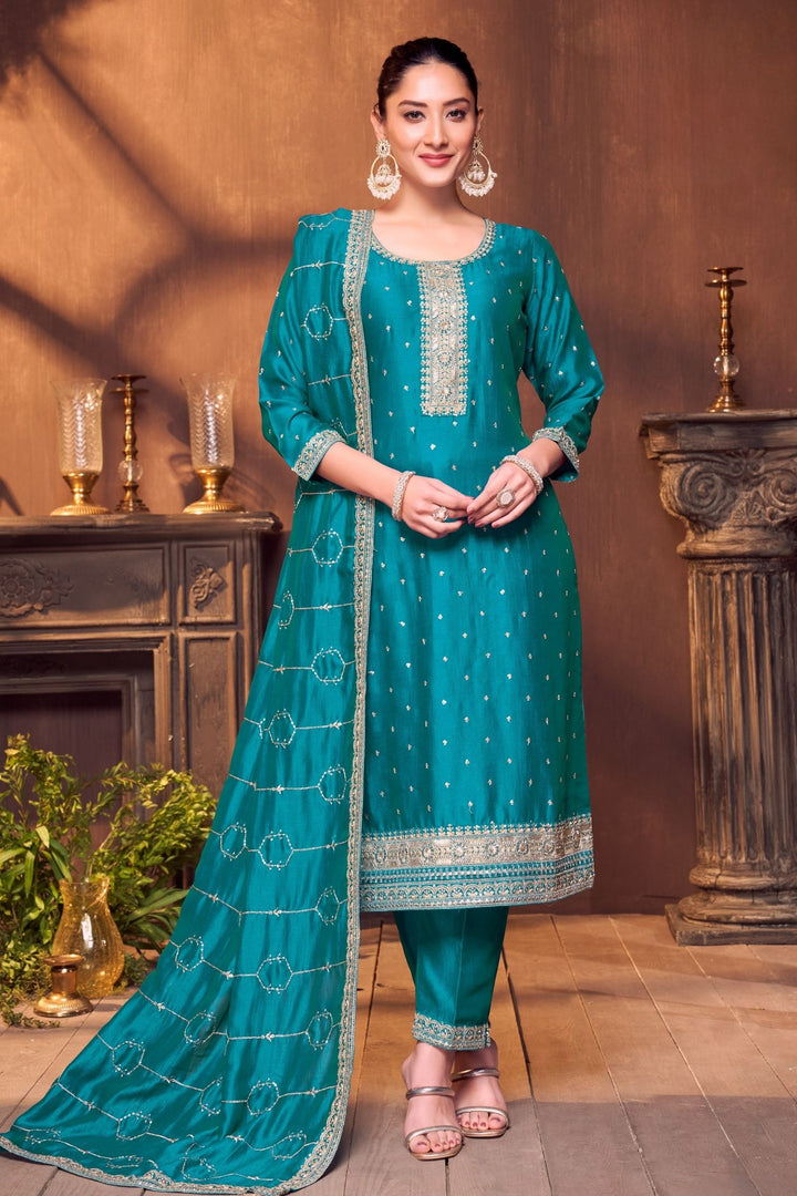Rama Blue Sequins, Zari and Beads work Straight Cut Salwar Suit