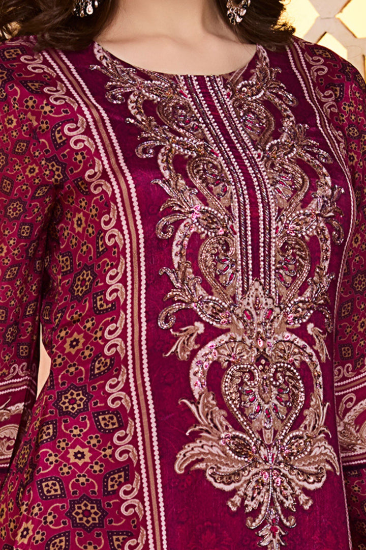 Magenta Beads and Pearl work with Digital Print Floor Length Anarkali Suit