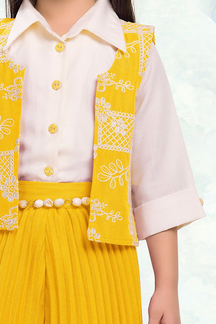 Cream with Yellow Thread work Jacket Styled Palazzo Set for Girls