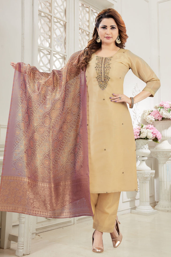 Gold Beads, Zardozi, Mirror, Stone and Thread work Straight Cut Salwar Suit