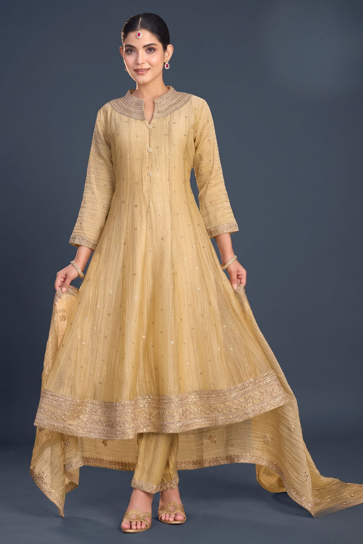 Fawn Zari Thread, Sequins and Beads work Anarkali Style Salwar