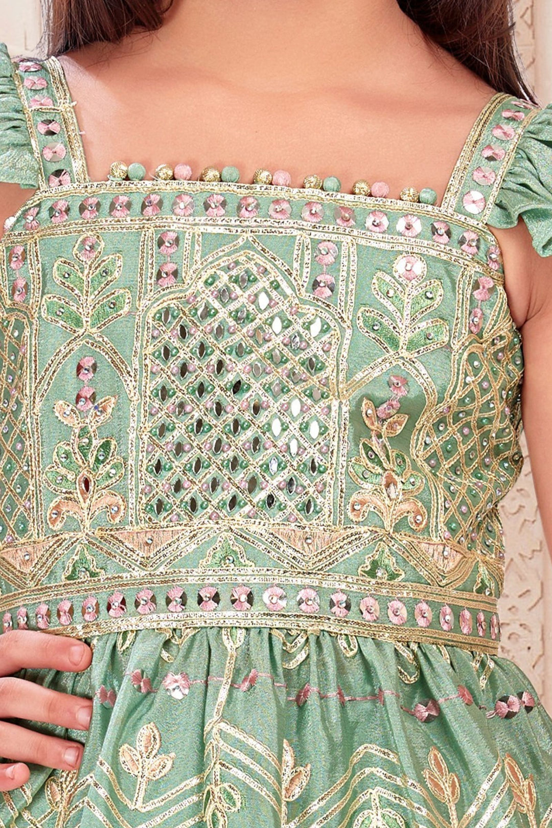 Pista Green Sequins, Thread, Mirror and Zari work Palazzo Suit Set for Girls