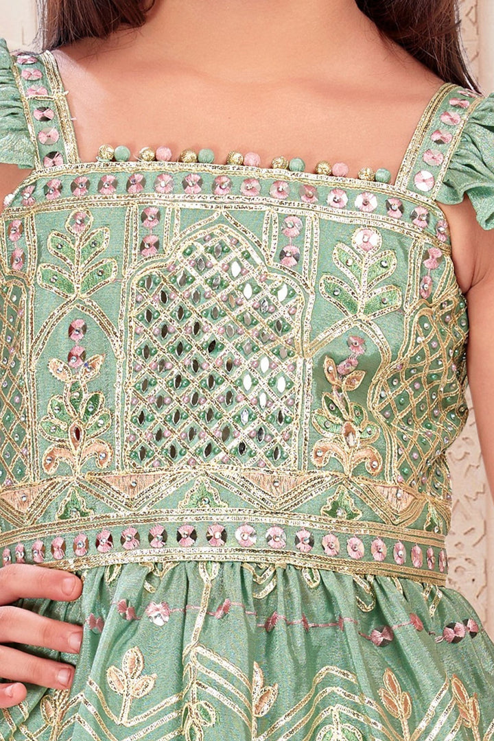 Pista Green Sequins, Thread, Mirror and Zari work Palazzo Suit Set for Girls