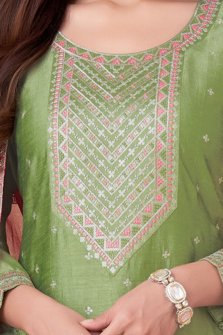 Pista Green Sequins, Zari and Thread work Straight Cut Salwar Suit