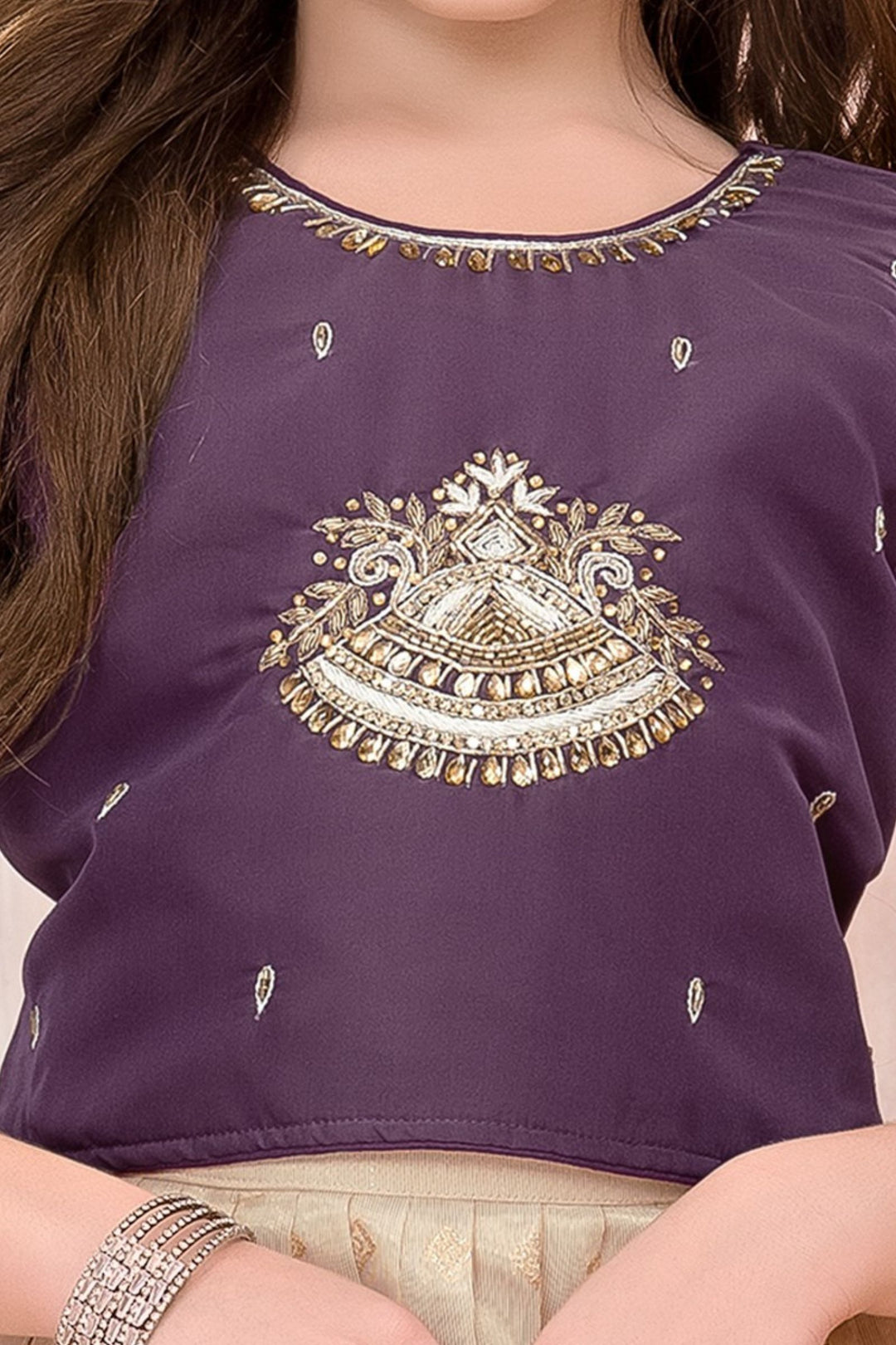 Purple with Cream Stone, Beads, Zari, Sequins and Thread work Lehenga Choli for Girls