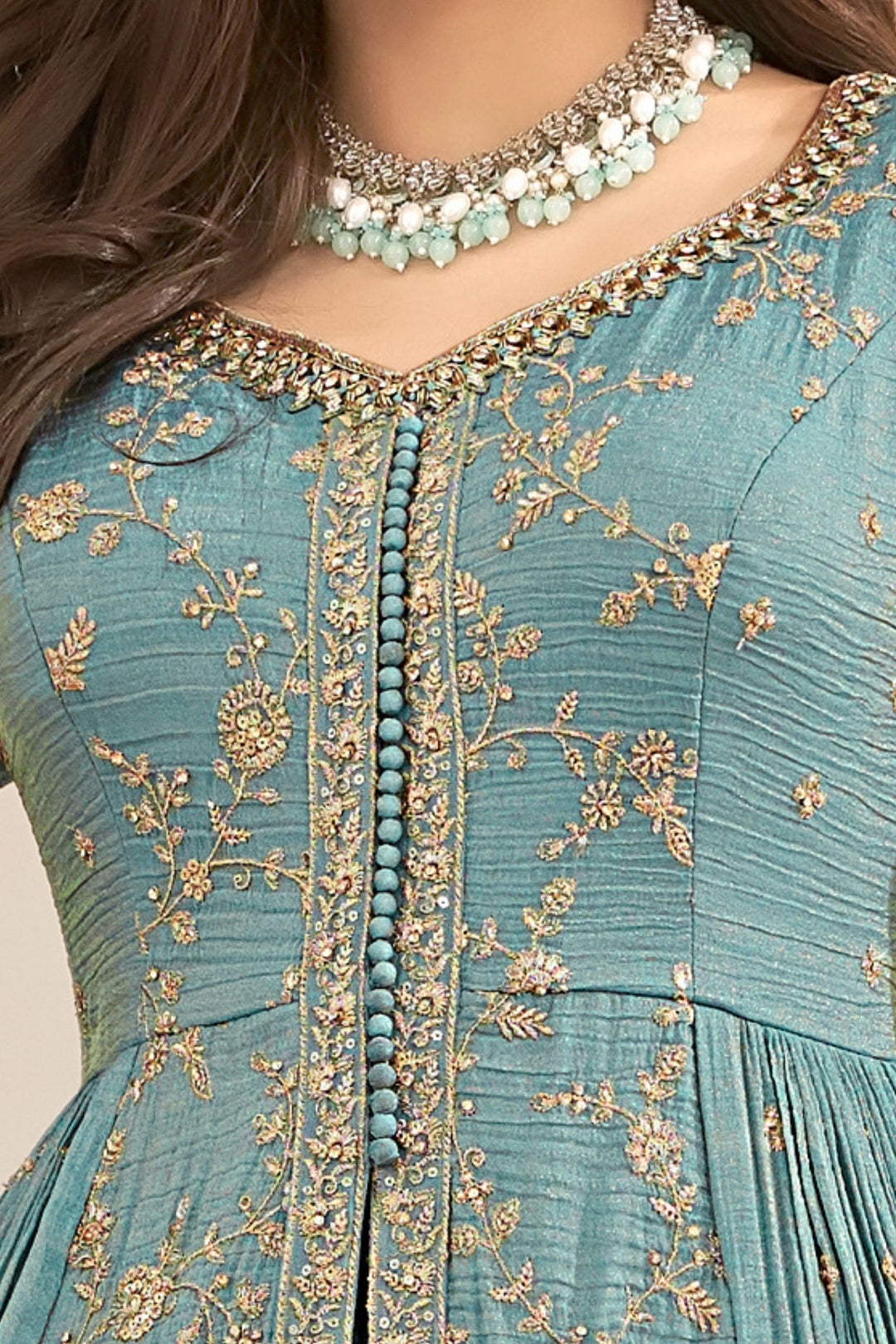 Frozen Blue Sequins, Zari, Zardozi, Stone and Beads work Mastani Styled Long Top Lehenga