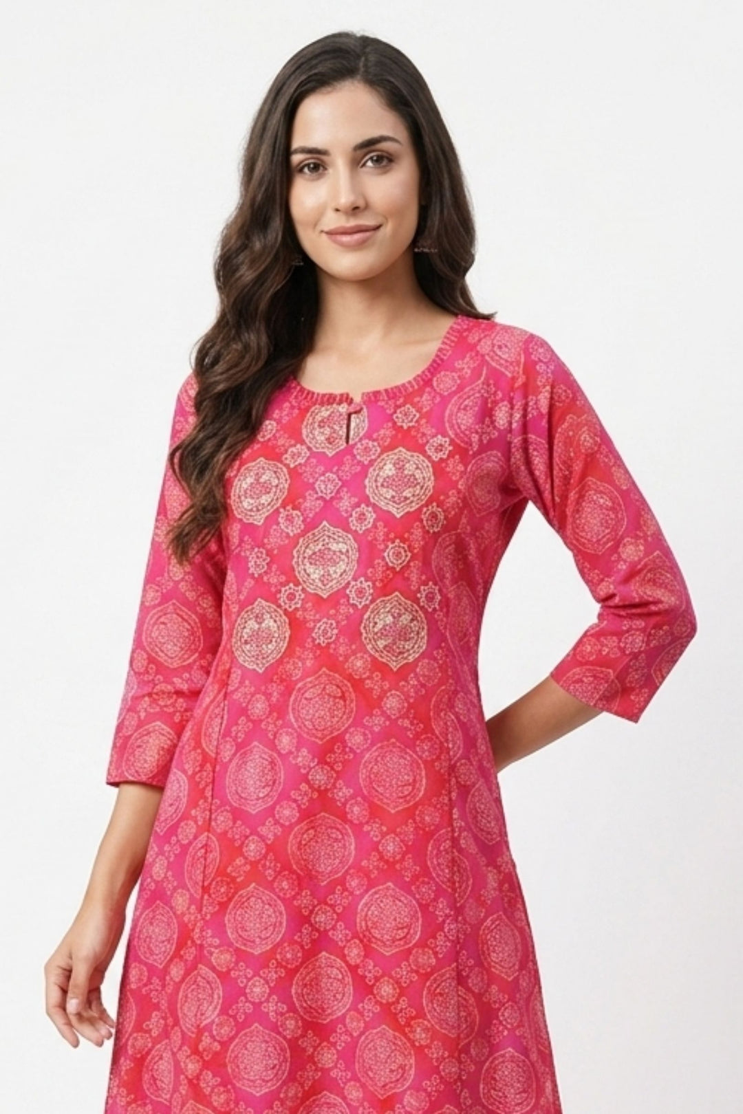 Pinkish Red Embroidery, Mirror and Zari work with Digital Print A-Line Cut Calf Length Kurti