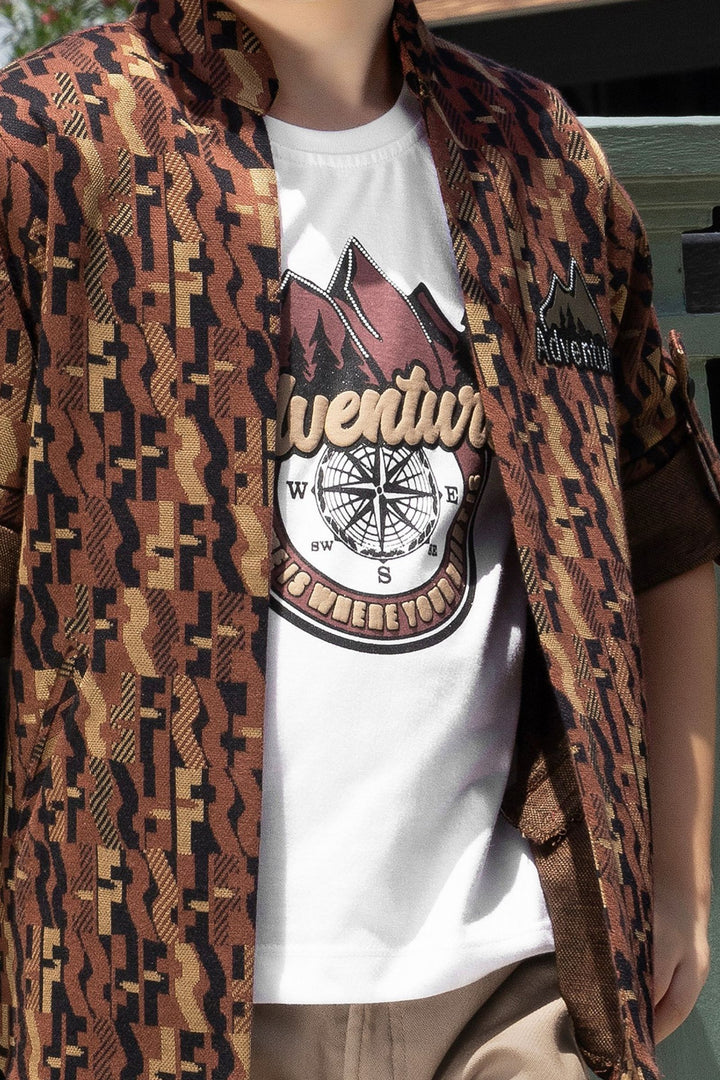Dark Brown with Multicolor Digital Printed Blazer, T-Shirt and Beige Pant Set for Boys