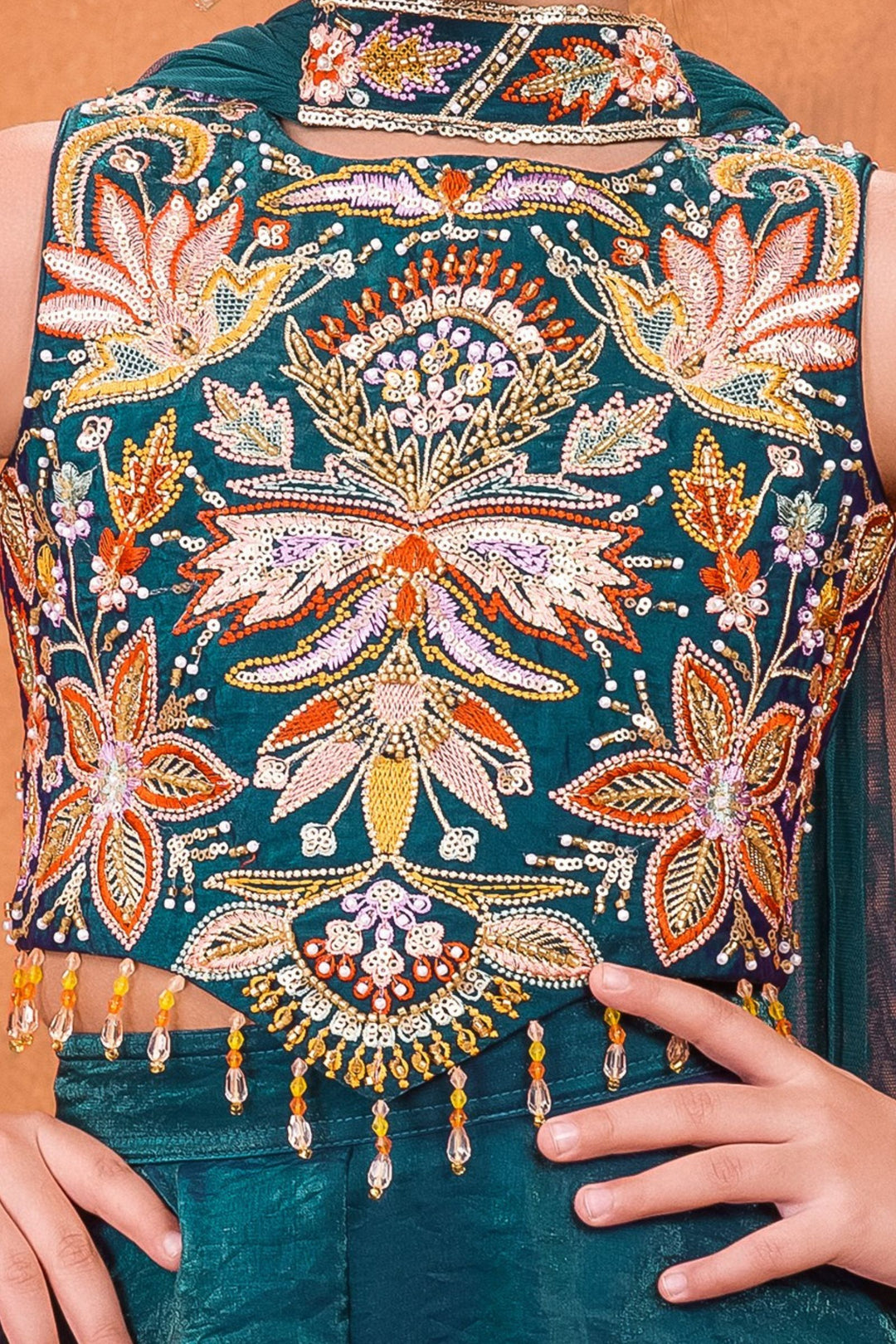 Peacock Blue Pearl, Sequins, Beads and Multicolor Embroidery work Palazzo Suit Set for Girls