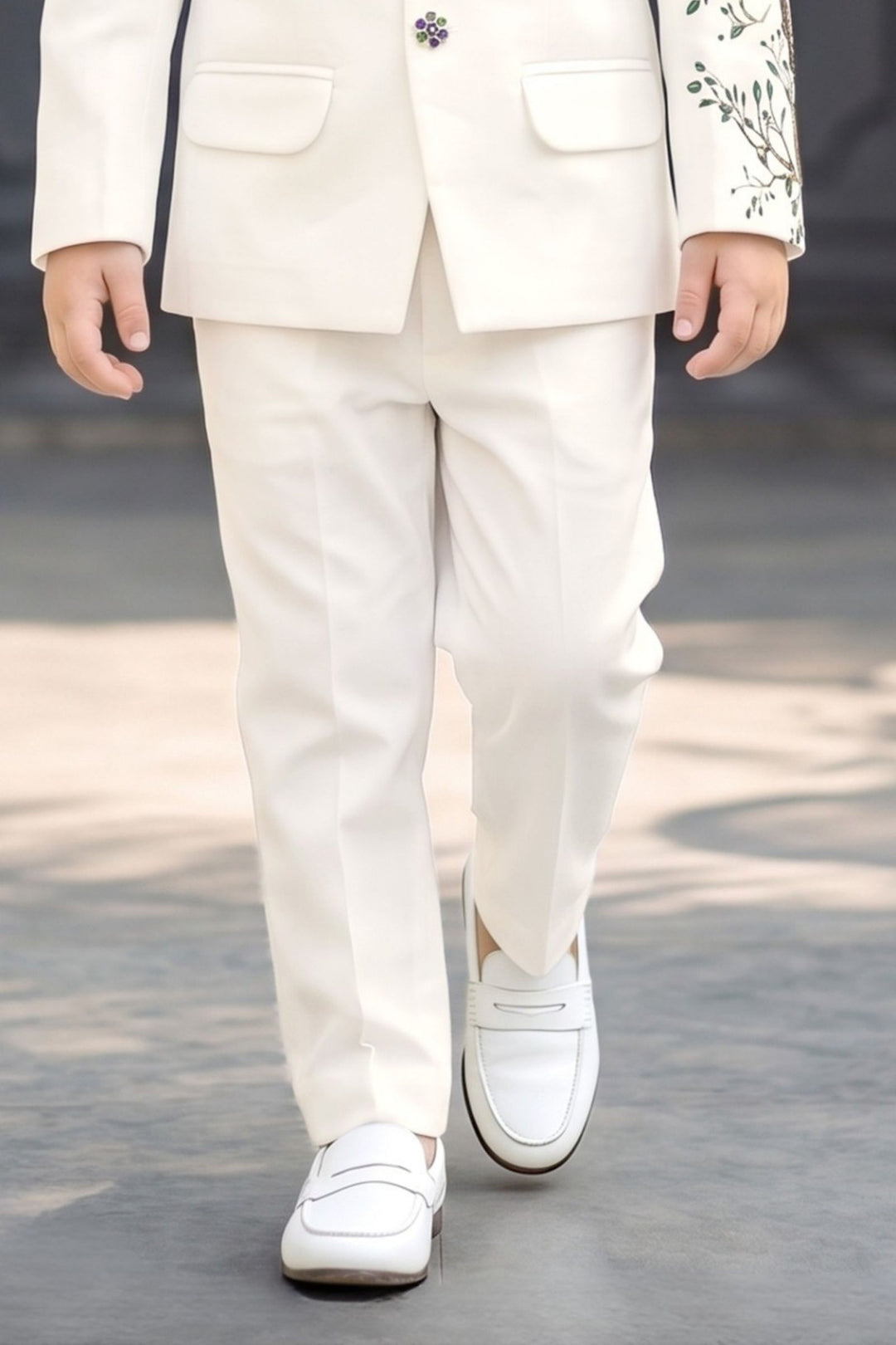 White Peacock Applique Jodhpuri Suit for Boys