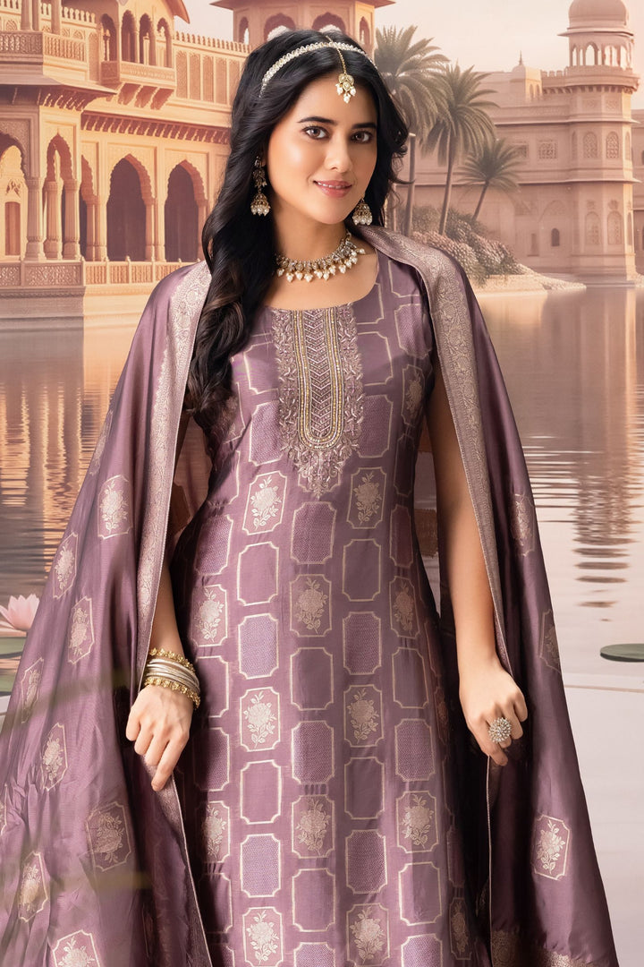 Mauve Brocade, Beads, Sequins and Stone work Straight Cut Salwar Suit