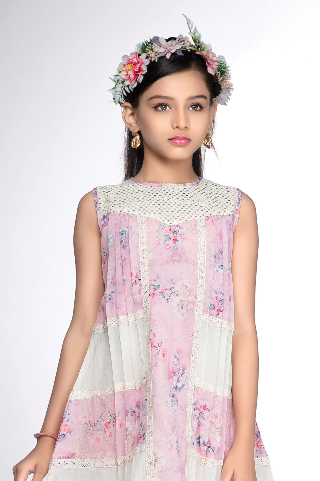 Pink with Cream Floral Print and Lace work Casual Frock for Girls