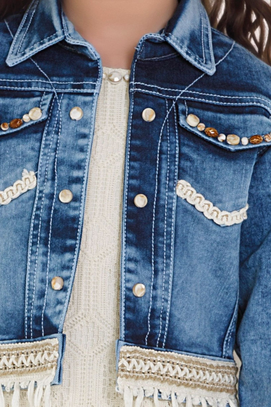 Cream with Blue Thread work Jacket Styled Short Frock For Girls