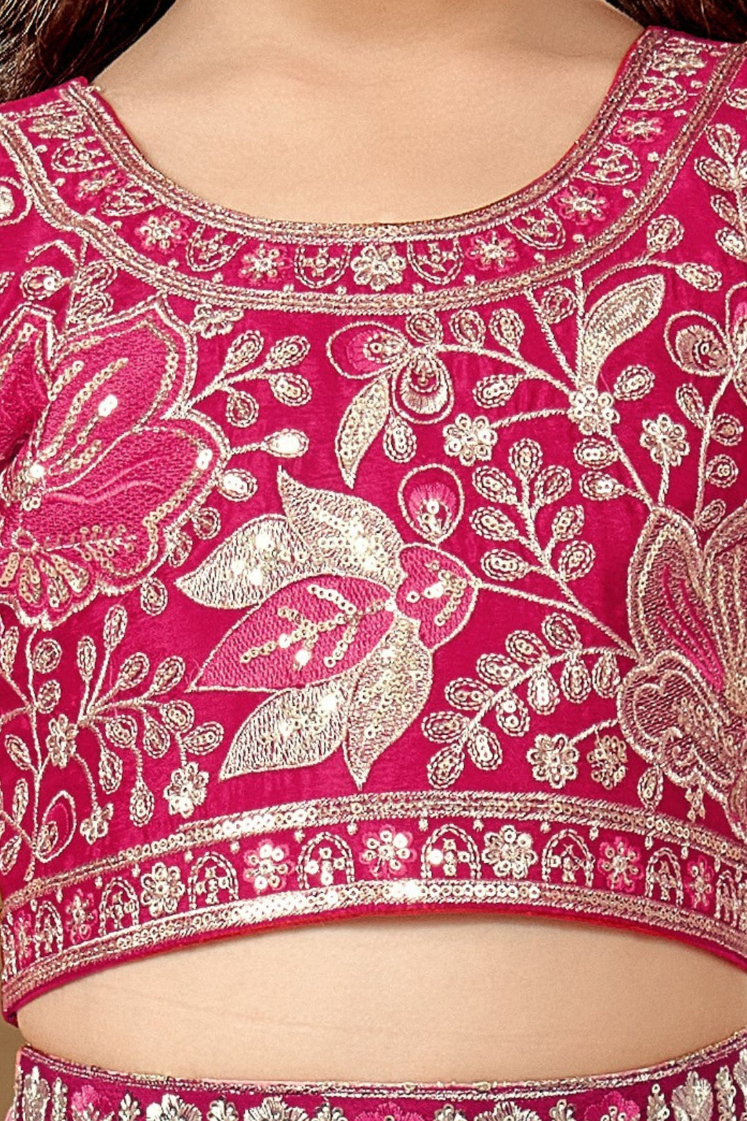 Rani Pink Sequins and Zari work Lehenga Choli for Girls