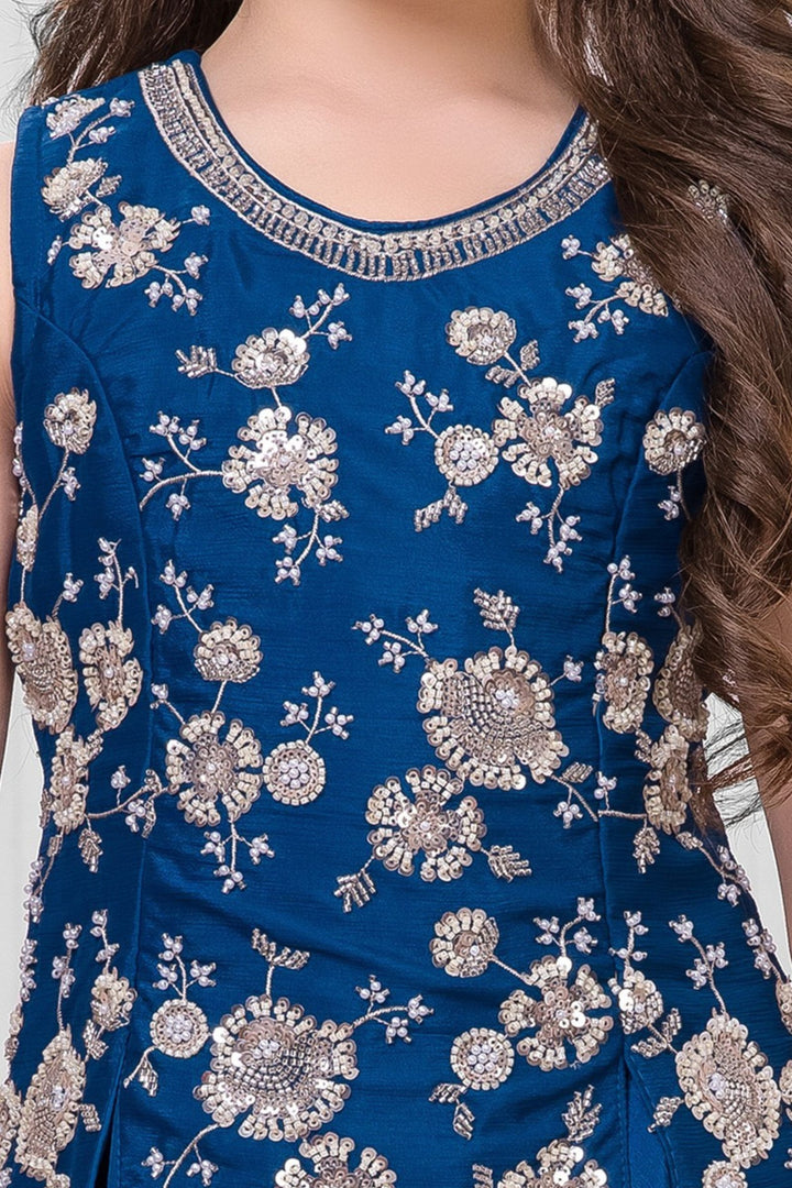 Teal Blue Sequins, Beads and Thread work Palazzo Suit Set for Girls