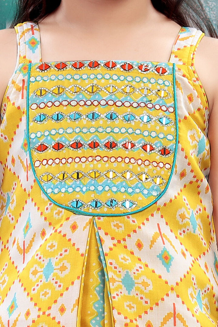 Yellow Mirror and Thread work with Multicolor Digital Print Top and Afghani Set for Girls