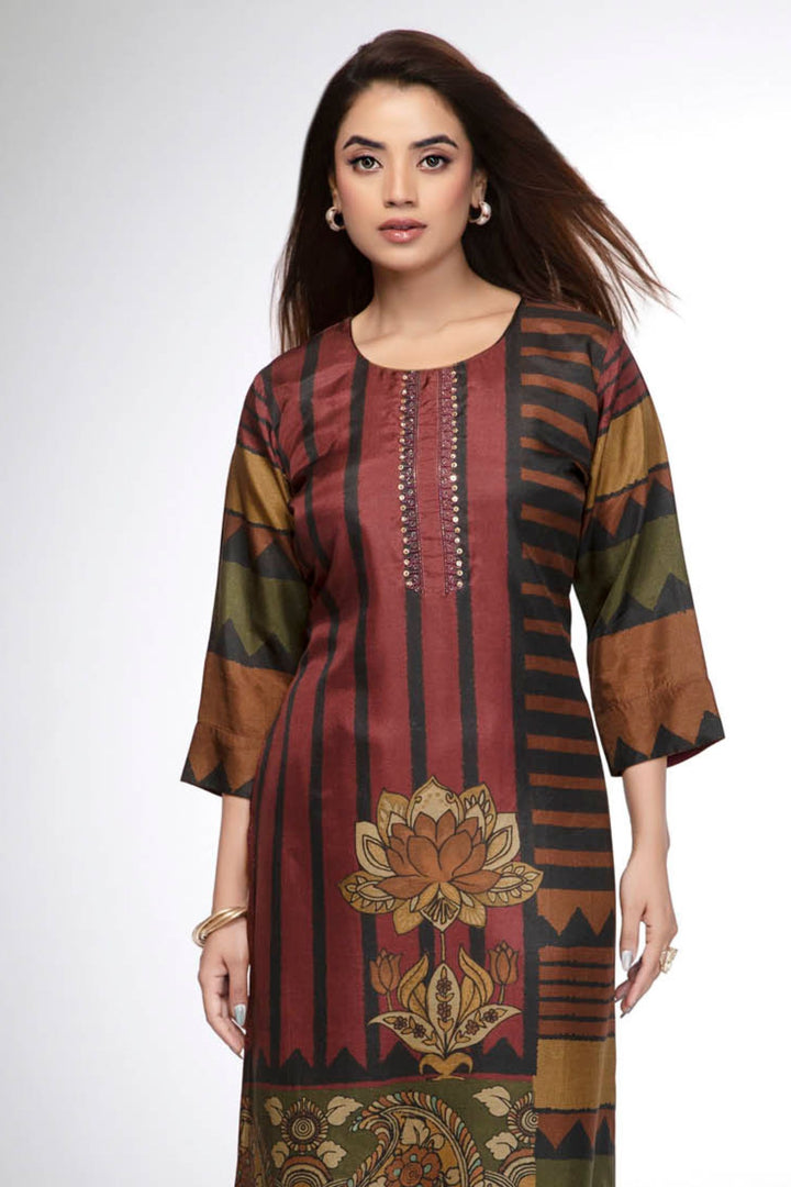Maroon Floral Printed Straight Kurta