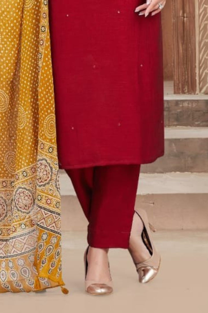Maroon Mirror, Zari and Thread work Straight Cut Salwar Suit