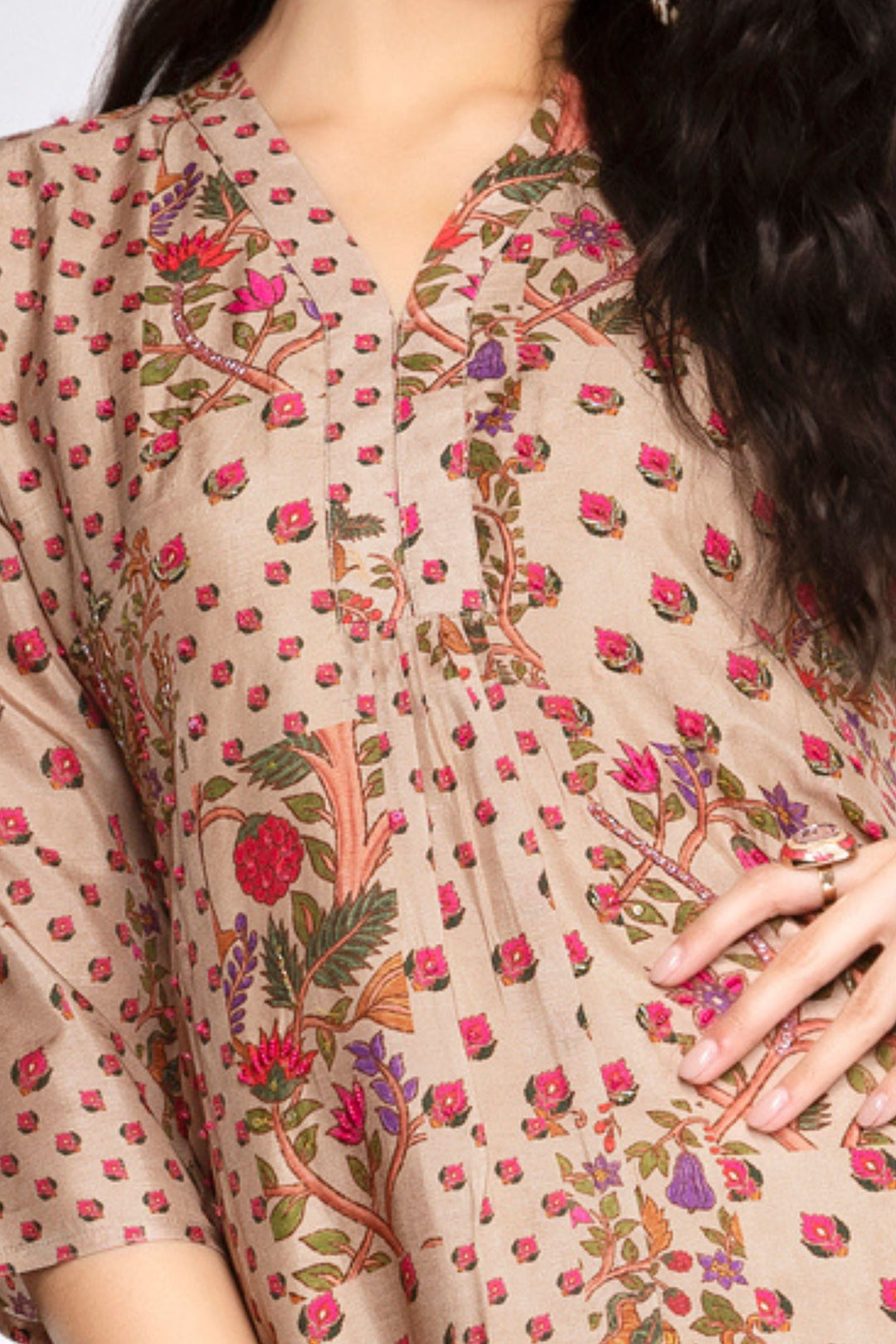 Fawn Beads work with Digital Print Calf Length Kurti