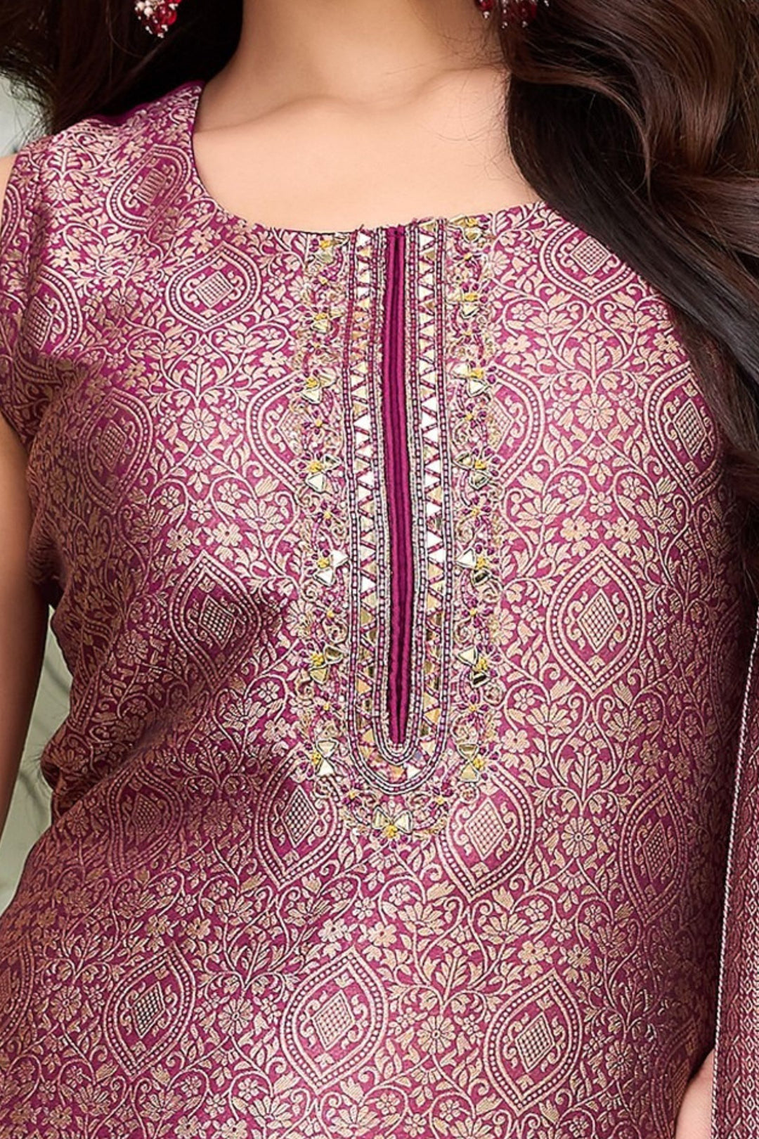 Wine Mirror, Zari, Beads, Zardozi, Stone and Brocade work Straight Cut Salwar Suit
