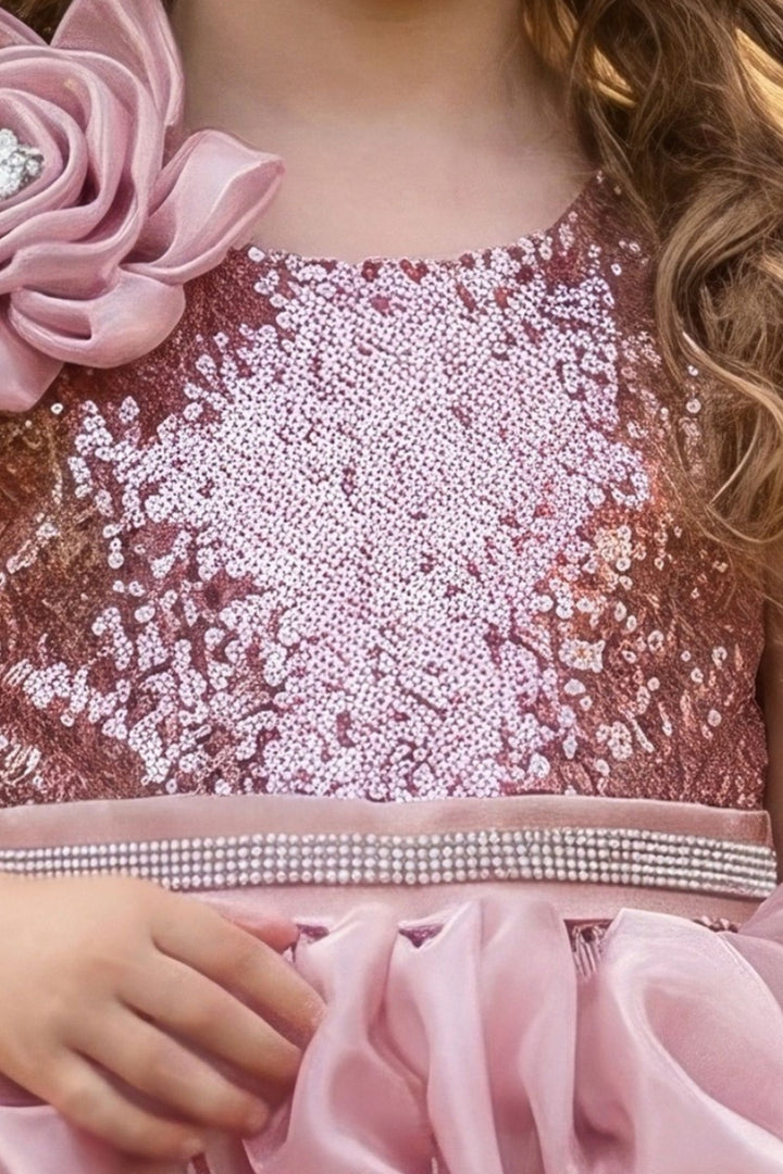 Onion Pink Sequins and Beads work Short Partywear Frock for Girls