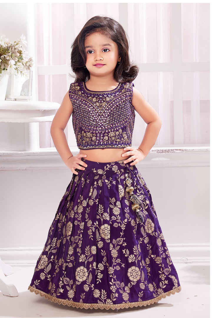 Purple Mirror and Zari work Lehenga Choli for Girls