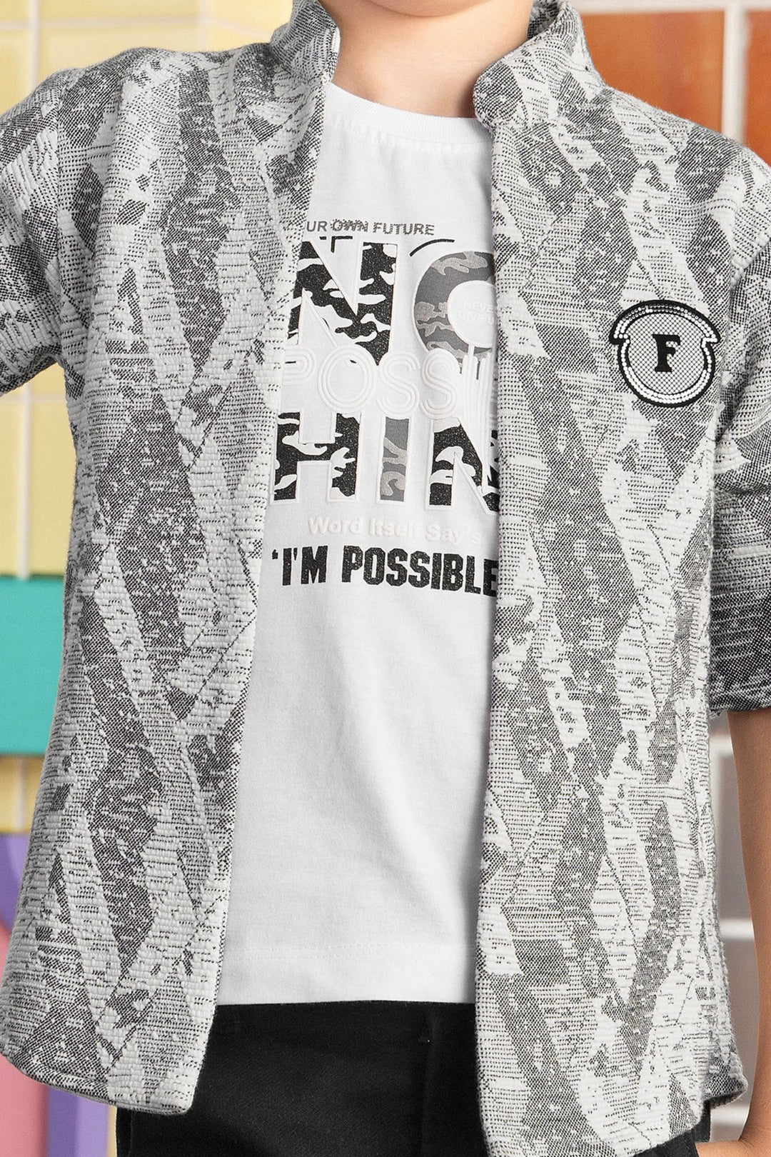 White with Grey Printed Blazer, T-Shirt and Black Pant Set for Boys with Belt