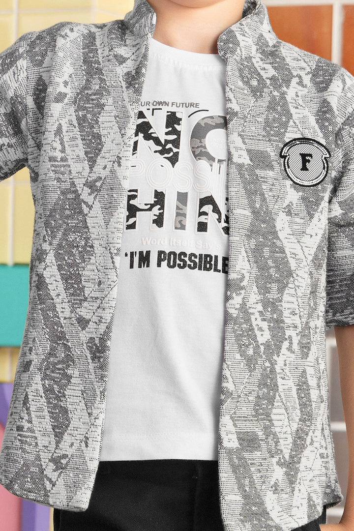 White with Grey Printed Blazer, T-Shirt and Black Pant Set for Boys with Belt