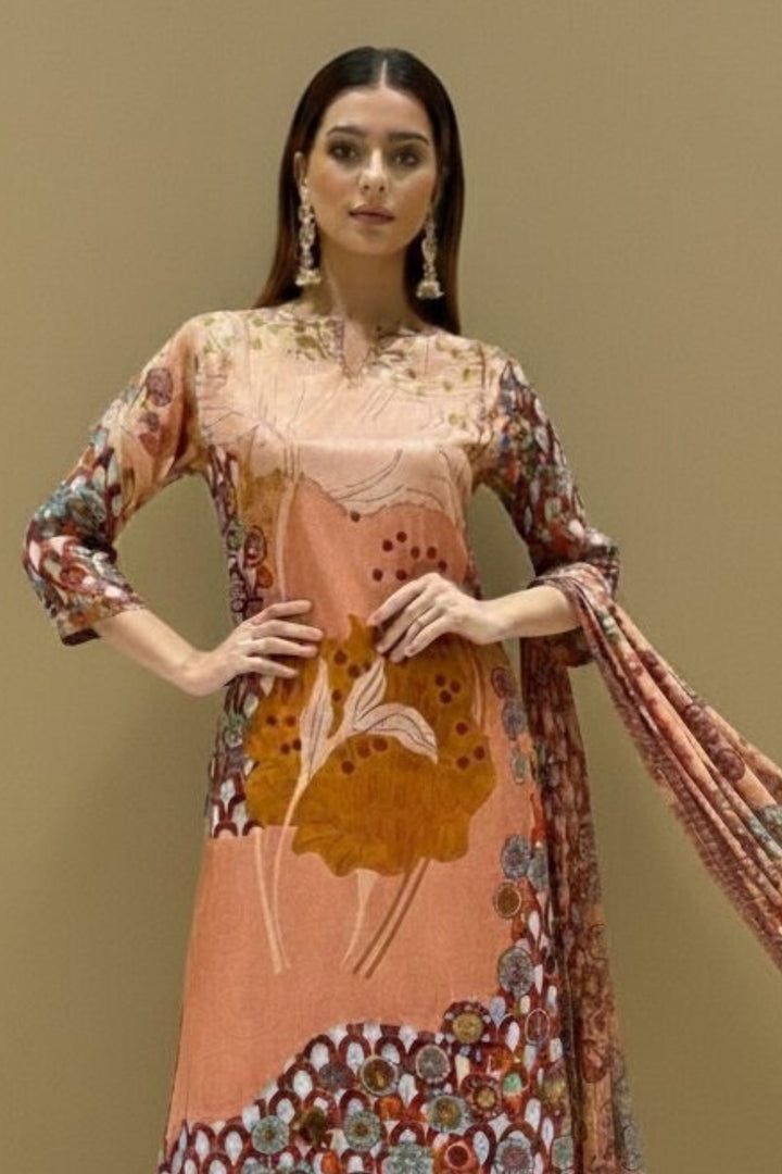 Peach with Maroon Sequins and Thread work with Digital Print Straight Cut Salwar Suit