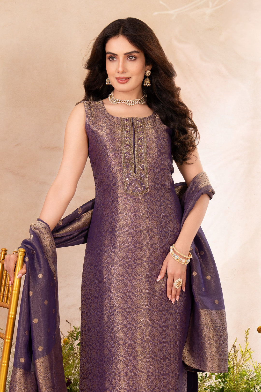 Purple Zardozi, Stone, Beads, Sequins and Brocade work Straight Cut Salwar Suit