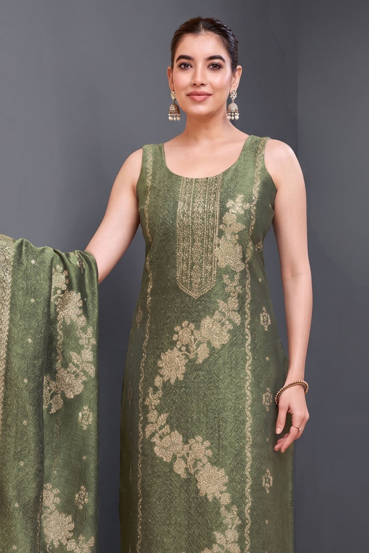 Leaf Green Banaras, Beads, Miror and Stone work Straight Cut Salwar Suit