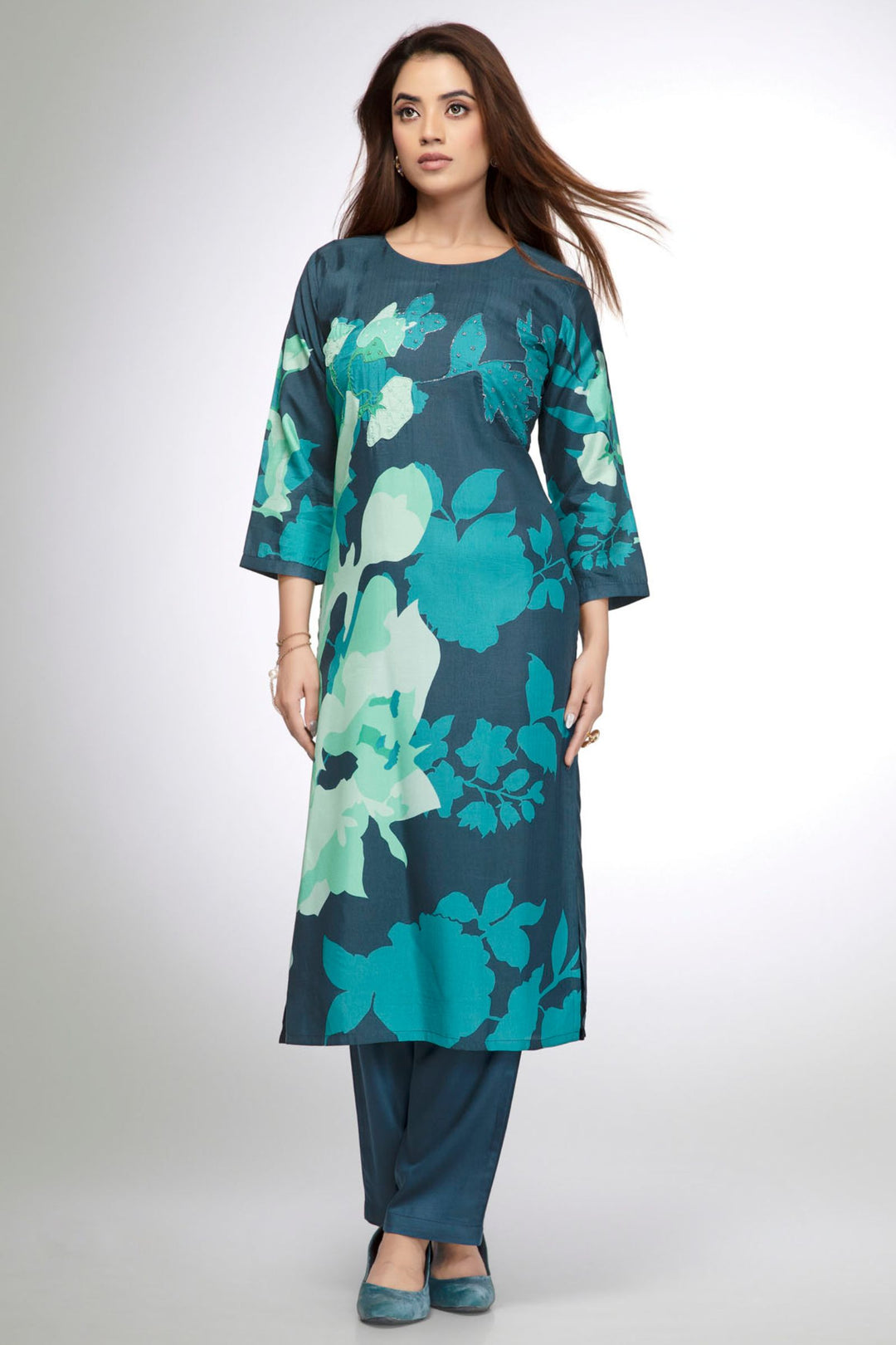 Peacock Blue Beads work with Digital Print Straight Cut Salwar Suit