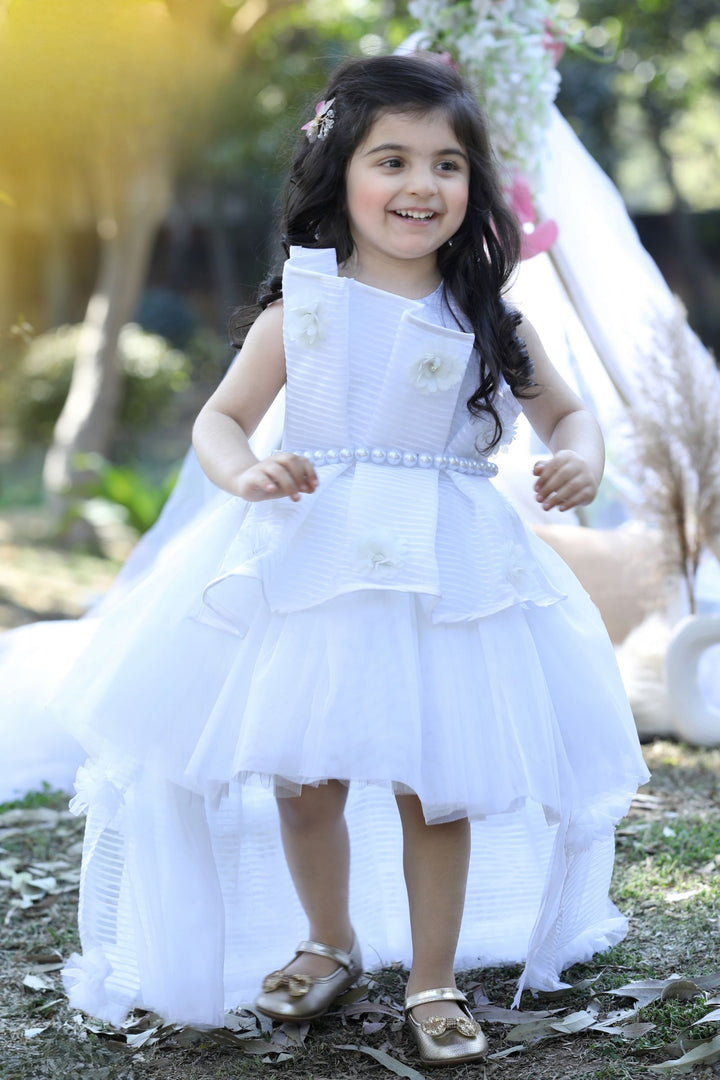 White Short Frock for Girls with Pearl Belt