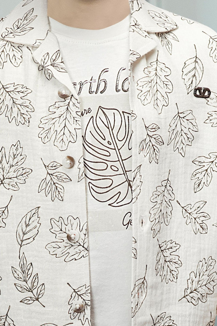 Cream Digital Print Blazer, Printed T-Shirt and Brown Pant Set for Boys