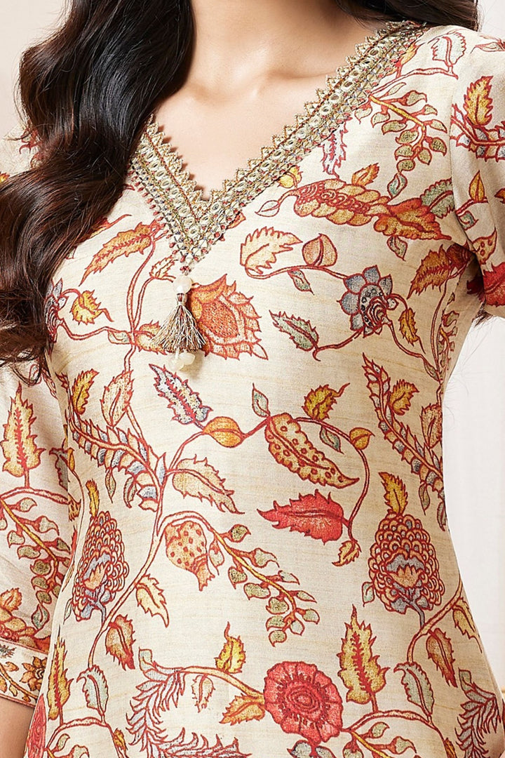 Beige Mirror and Zari work with Floral Print A-line Cut Salwar Suit