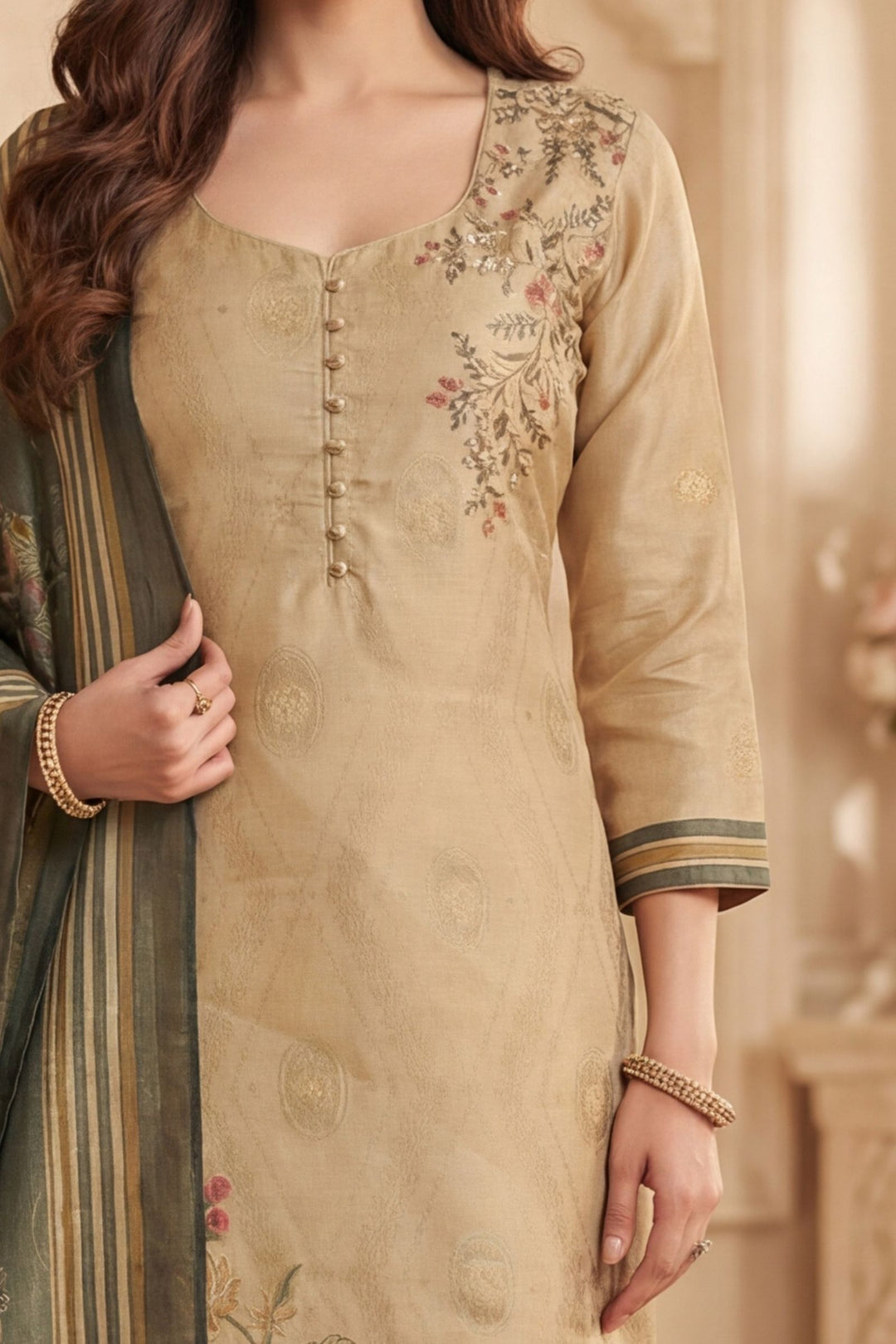 Beige Beads, Zardozi, Zari and Sequins work with Digital Print Straight Cut Salwar Suit