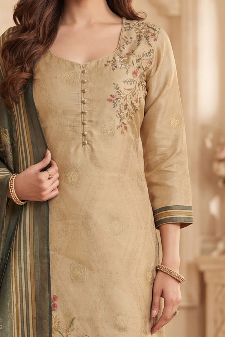 Beige Beads, Zardozi, Zari and Sequins work with Digital Print Straight Cut Salwar Suit