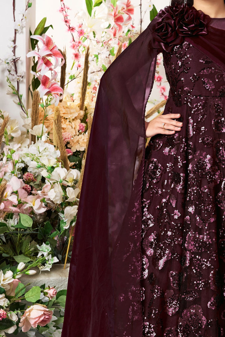 Wine Sequins work Long Party Gown for Girls