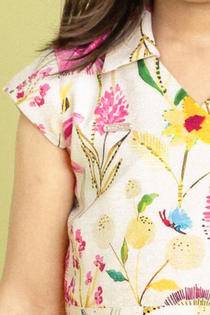 Cream with Pink Floral Print Top and Divider Skirt for Girls