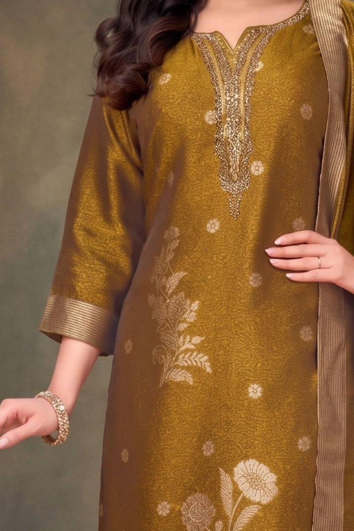 Mustard Brocade, Mirror, Beads and Sequins work Straight Cut Salwar Suit